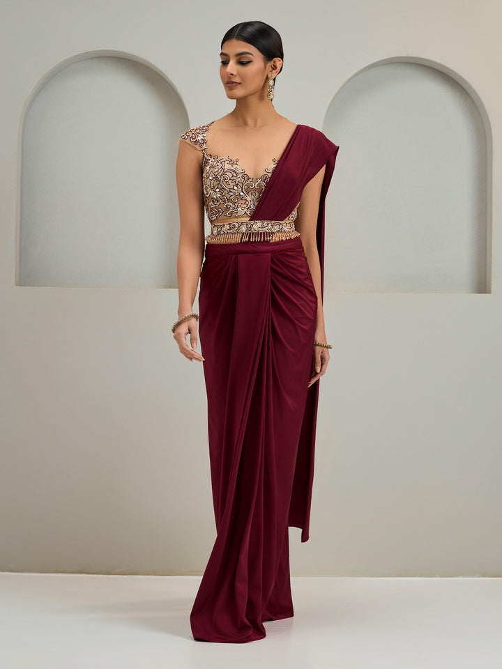 Nude Embroidered Blouse With Maroon Lycra Drape Skirt