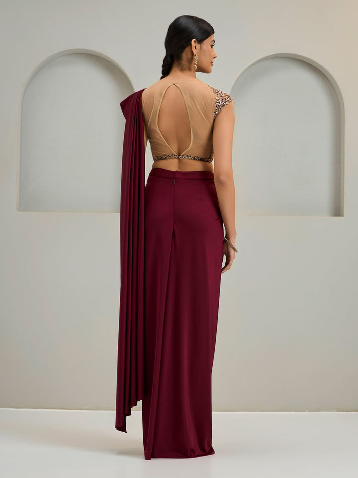 Nude Embroidered Blouse With Maroon Lycra Drape Skirt