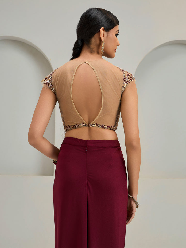 Nude Embroidered Blouse With Maroon Lycra Drape Skirt