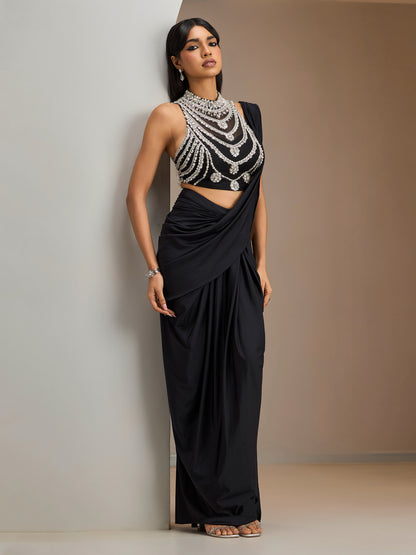 Black Stone Embroidered Blouse With Lycra Drape Saree