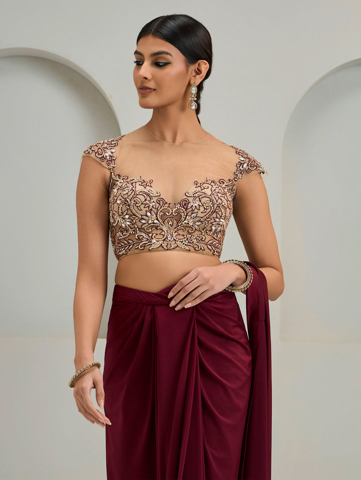 Nude Embroidered Blouse With Maroon Lycra Drape Skirt