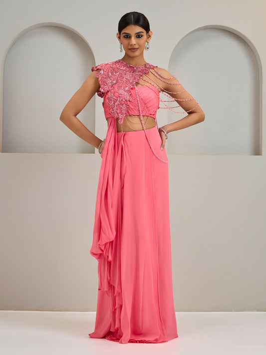 Coral Pink Organza Asymmetric Attached Cape Top With Draped Saree