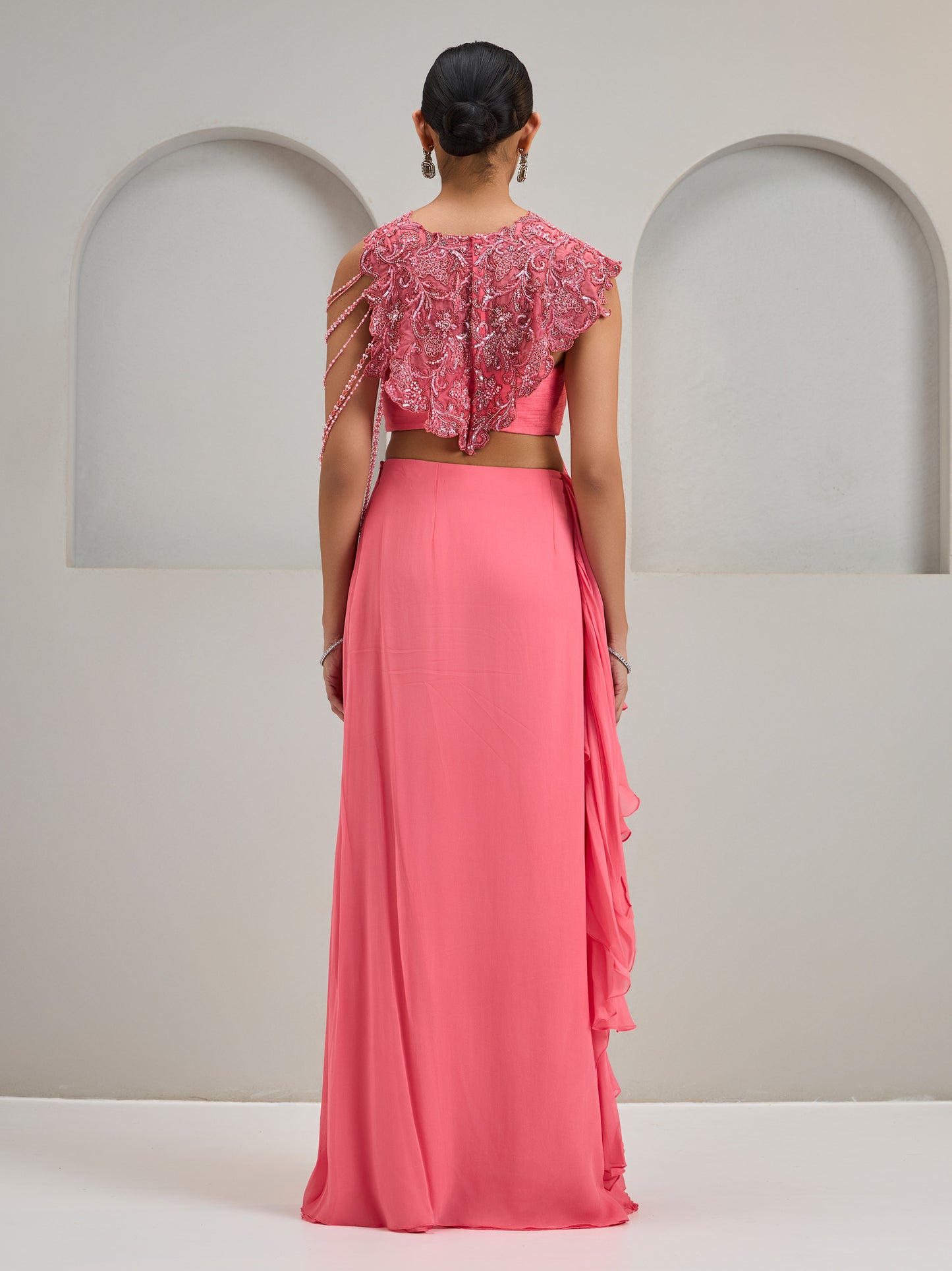 Coral Pink Organza Asymmetric Attached Cape Top With Draped Saree