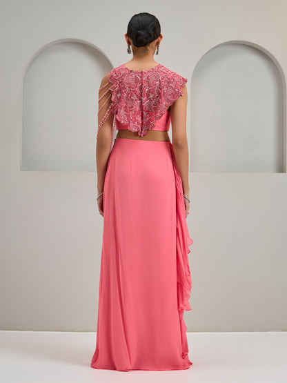 Coral Pink Organza Asymmetric Attached Cape Top With Draped Saree