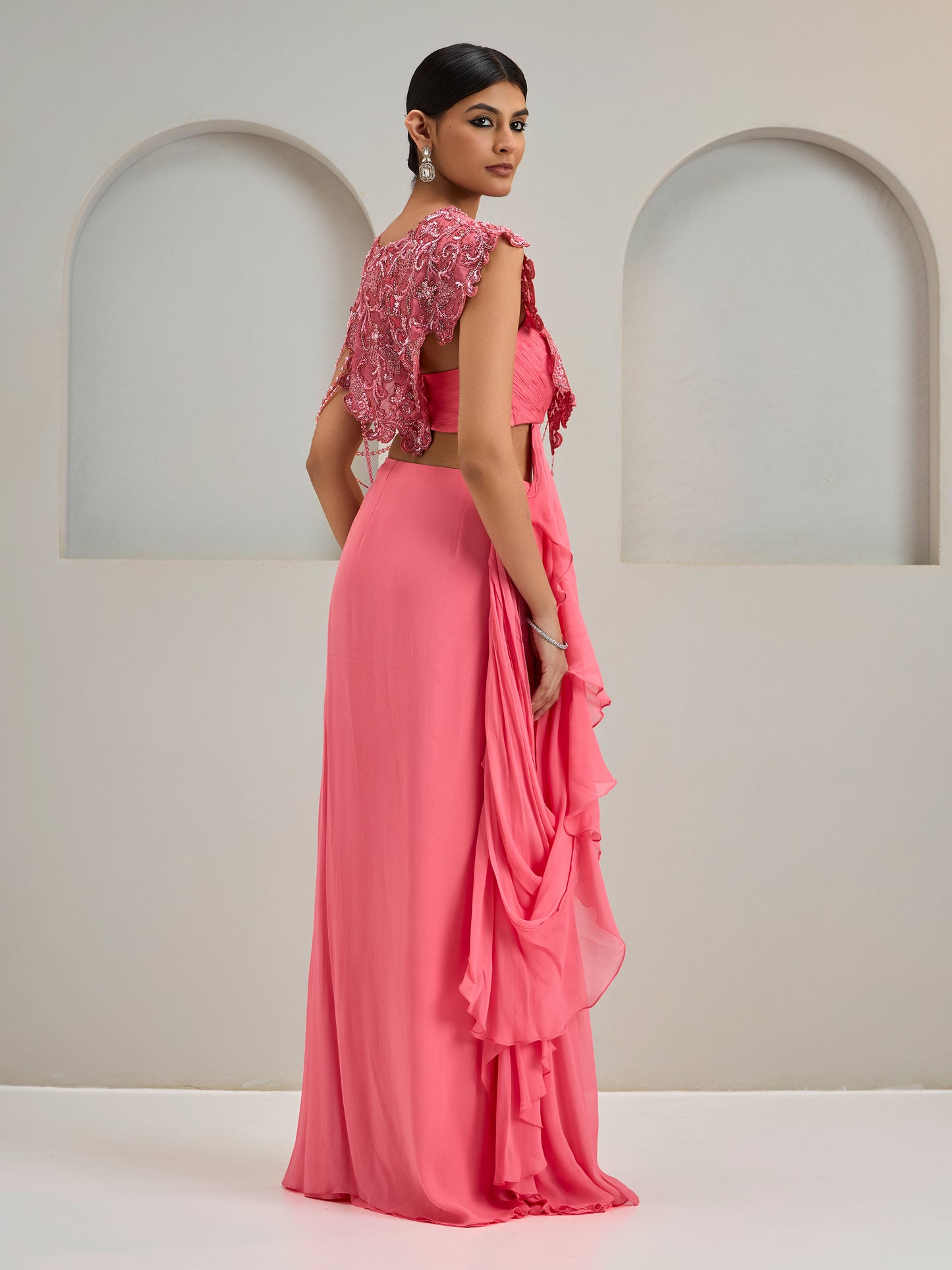 Coral Pink Organza Asymmetric Attached Cape Top With Draped Saree