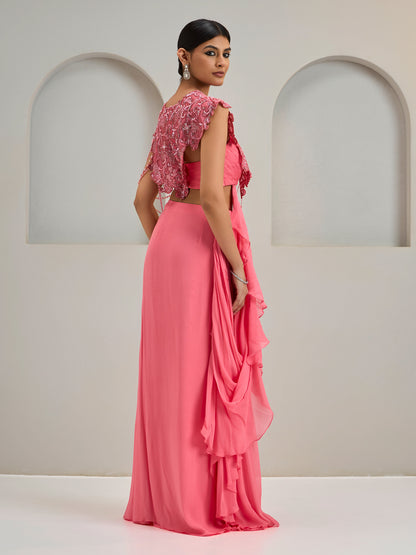 Coral Pink Organza Asymmetric Attached Cape Top With Draped Saree