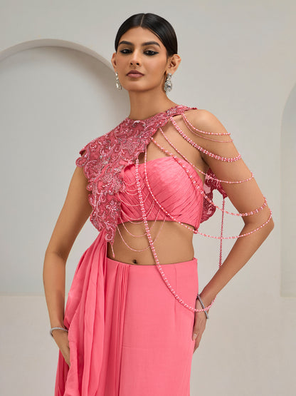 Coral Pink Organza Asymmetric Attached Cape Top With Draped Saree