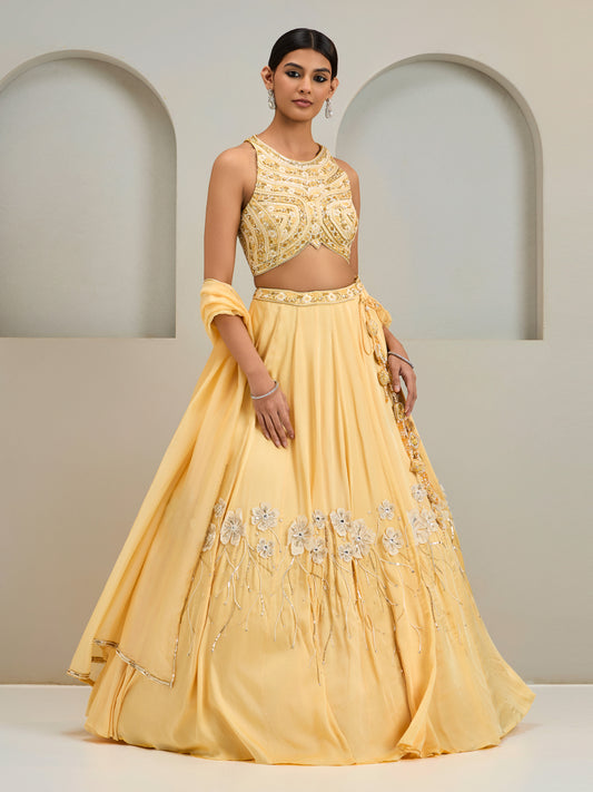 Cream Yellow Embroidered Halter Neck Blouse With Lehanga And Dupatta