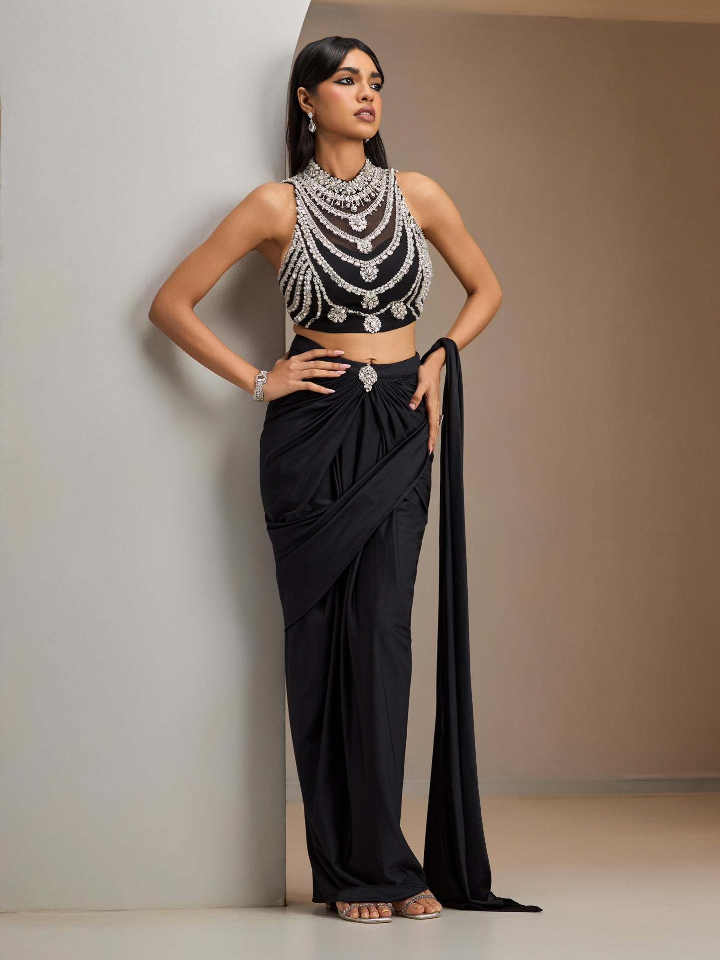 Black Stone Embroidered Blouse With Lycra Drape Saree