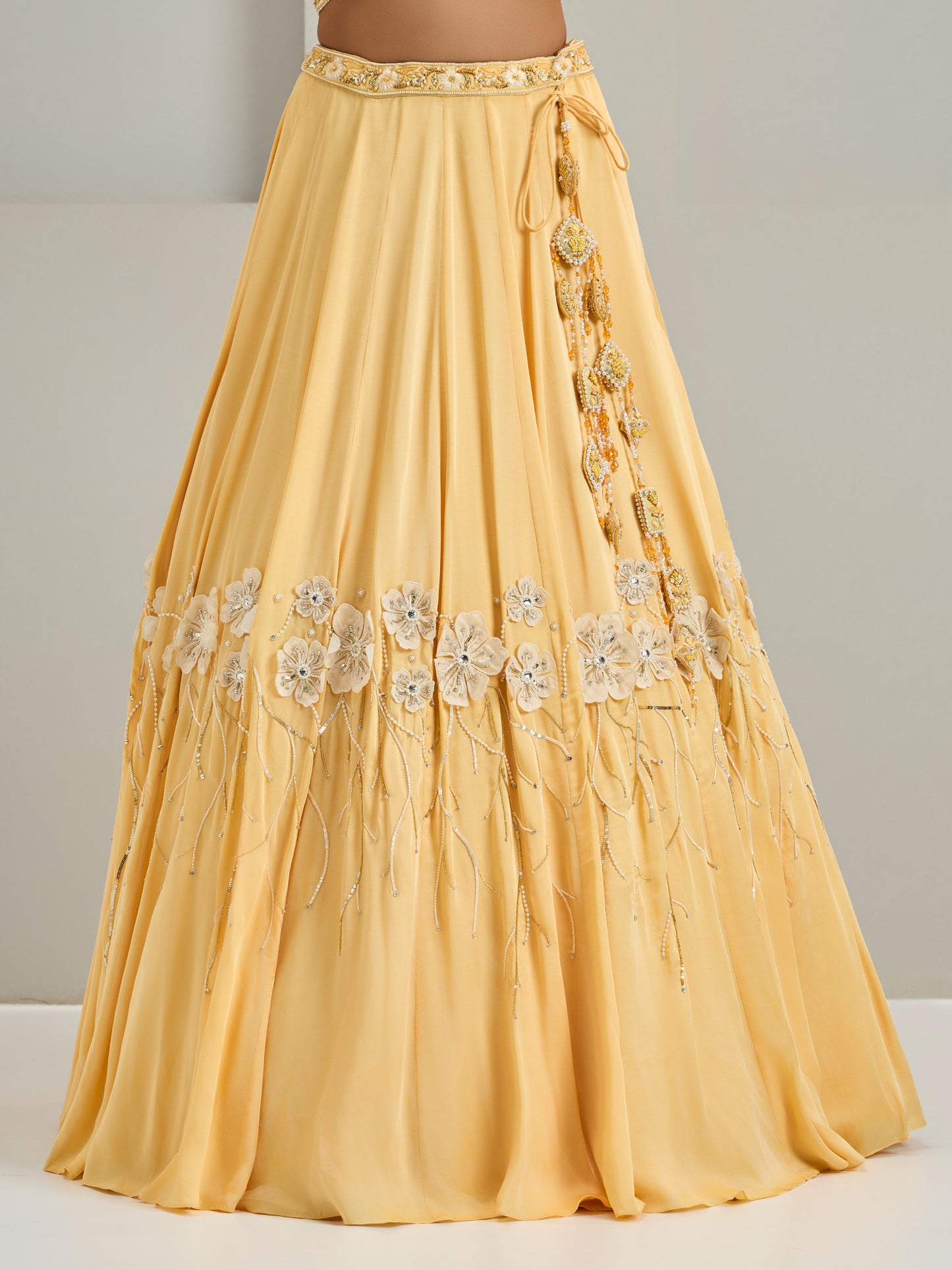 Cream Yellow Embroidered Halter Neck Blouse With Lehanga And Dupatta