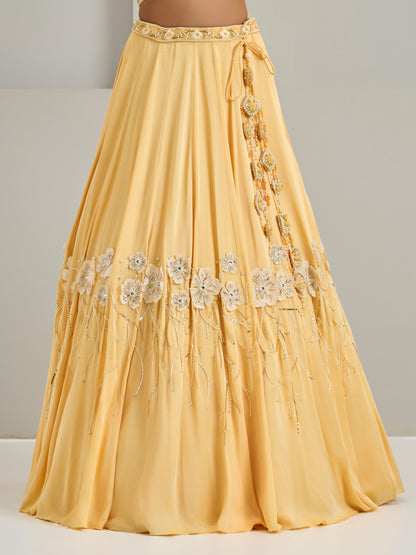 Cream Yellow Embroidered Halter Neck Blouse With Lehanga And Dupatta
