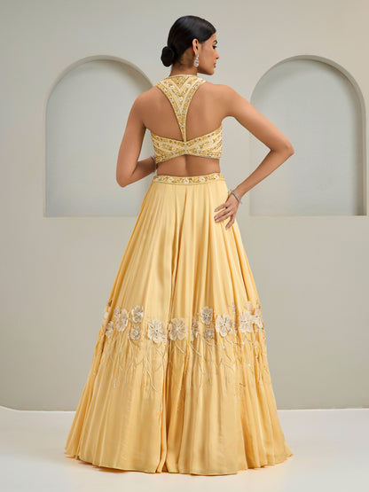 Cream Yellow Embroidered Halter Neck Blouse With Lehanga And Dupatta