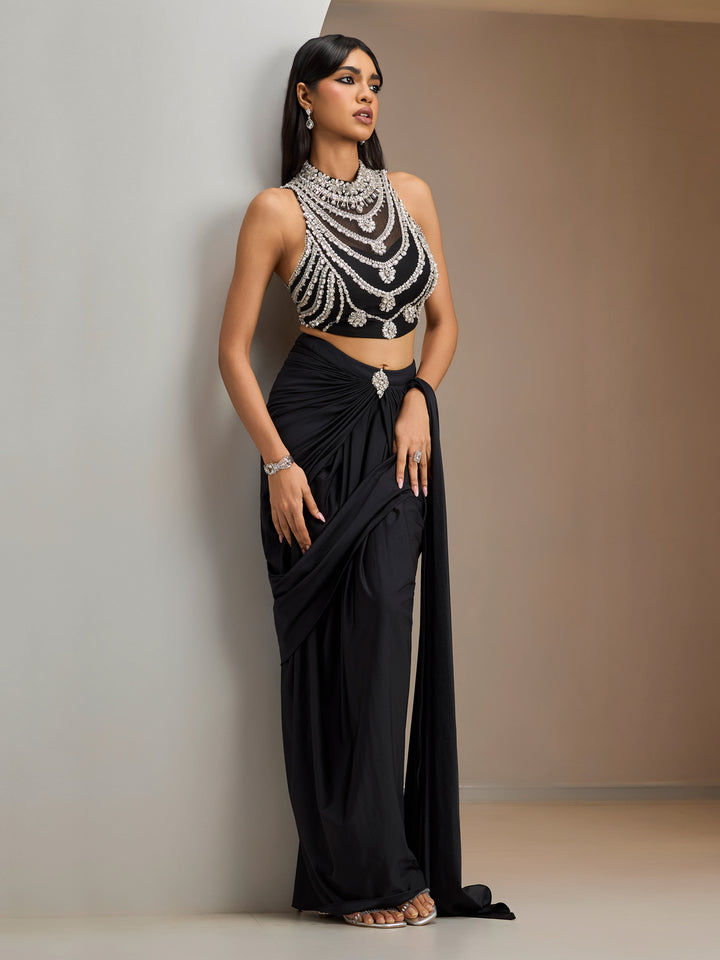 Black Stone Embroidered Blouse With Lycra Drape Saree
