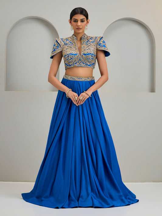 Cobalt Blue Structured Blouse With Silk Skirt