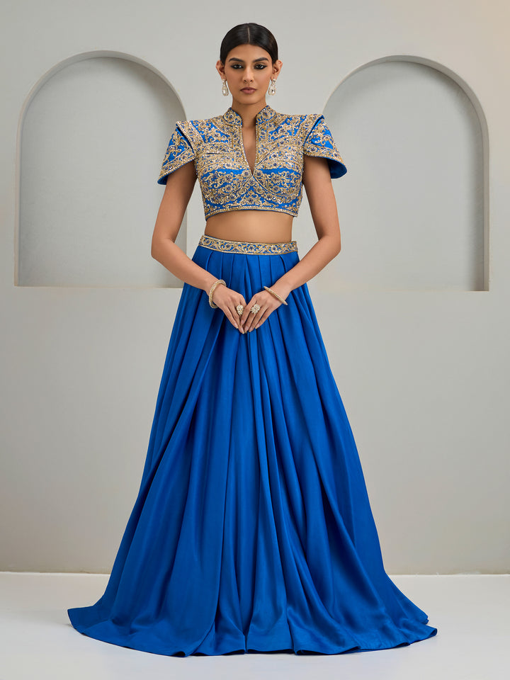 Cobalt Blue Structured Blouse With Silk Skirt