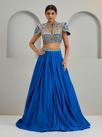 Cobalt Blue Structured Blouse With Silk Skirt