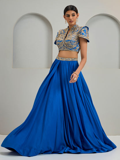 Cobalt Blue Structured Blouse With Silk Skirt