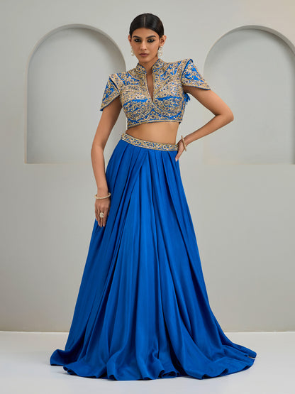 Cobalt Blue Structured Blouse With Silk Skirt