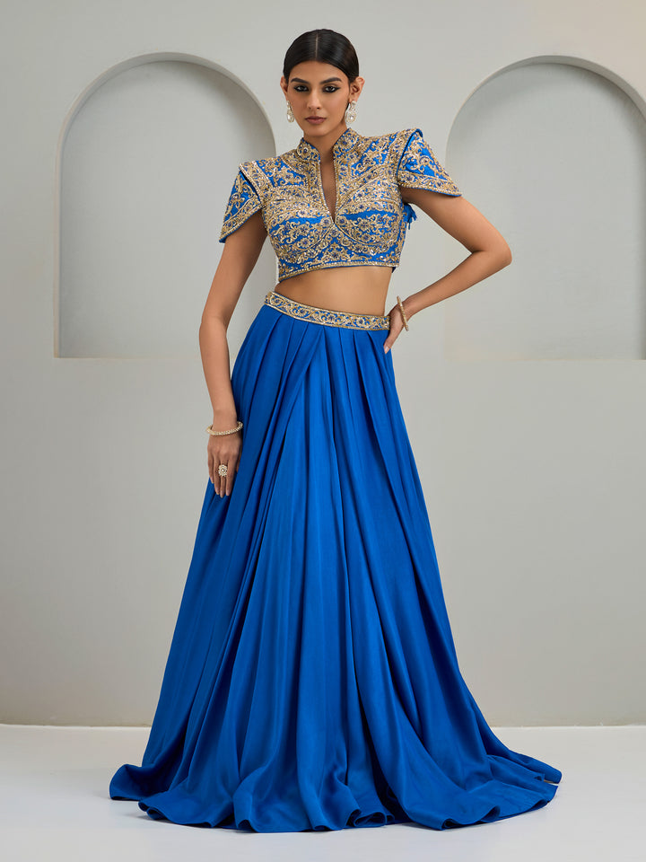 Cobalt Blue Structured Blouse With Silk Skirt