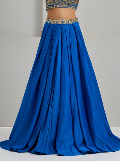 Cobalt Blue Structured Blouse With Silk Skirt