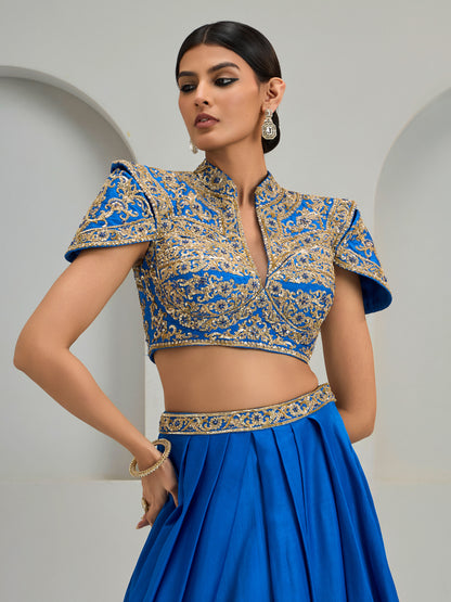 Cobalt Blue Structured Blouse With Silk Skirt