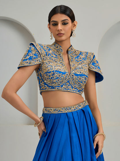Cobalt Blue Structured Blouse With Silk Skirt