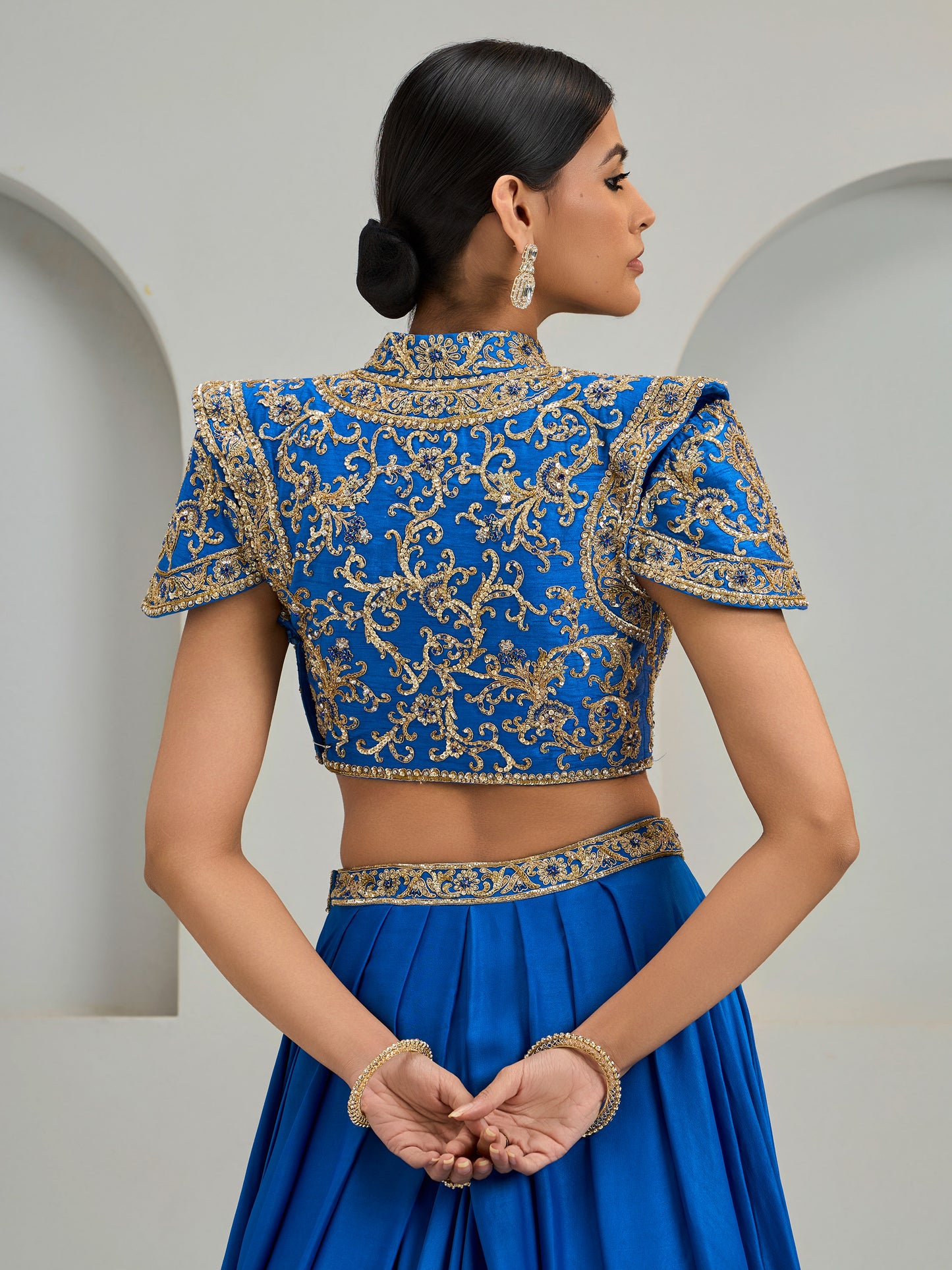 Cobalt Blue Structured Blouse With Silk Skirt