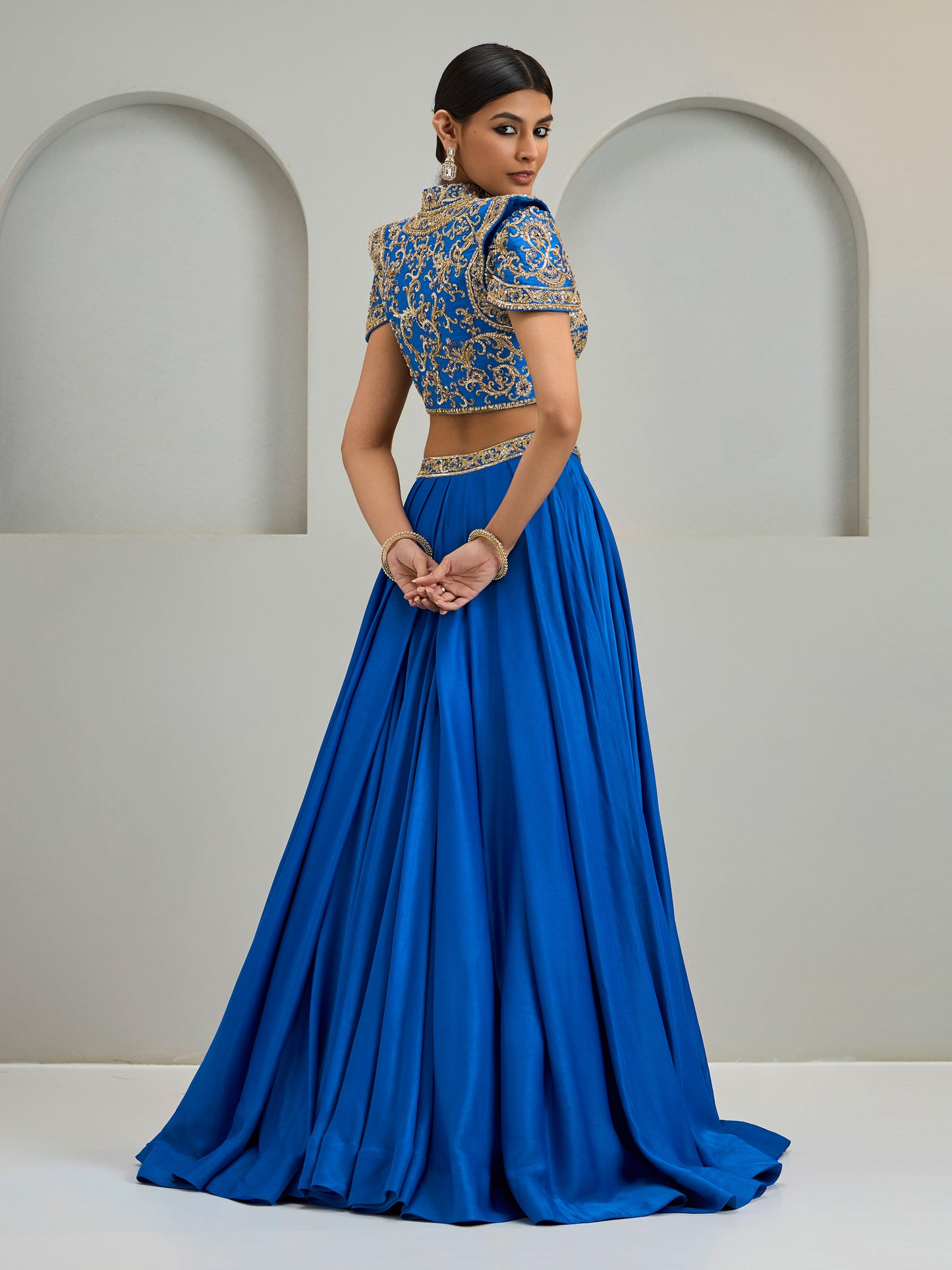 Cobalt Blue Structured Blouse With Silk Skirt