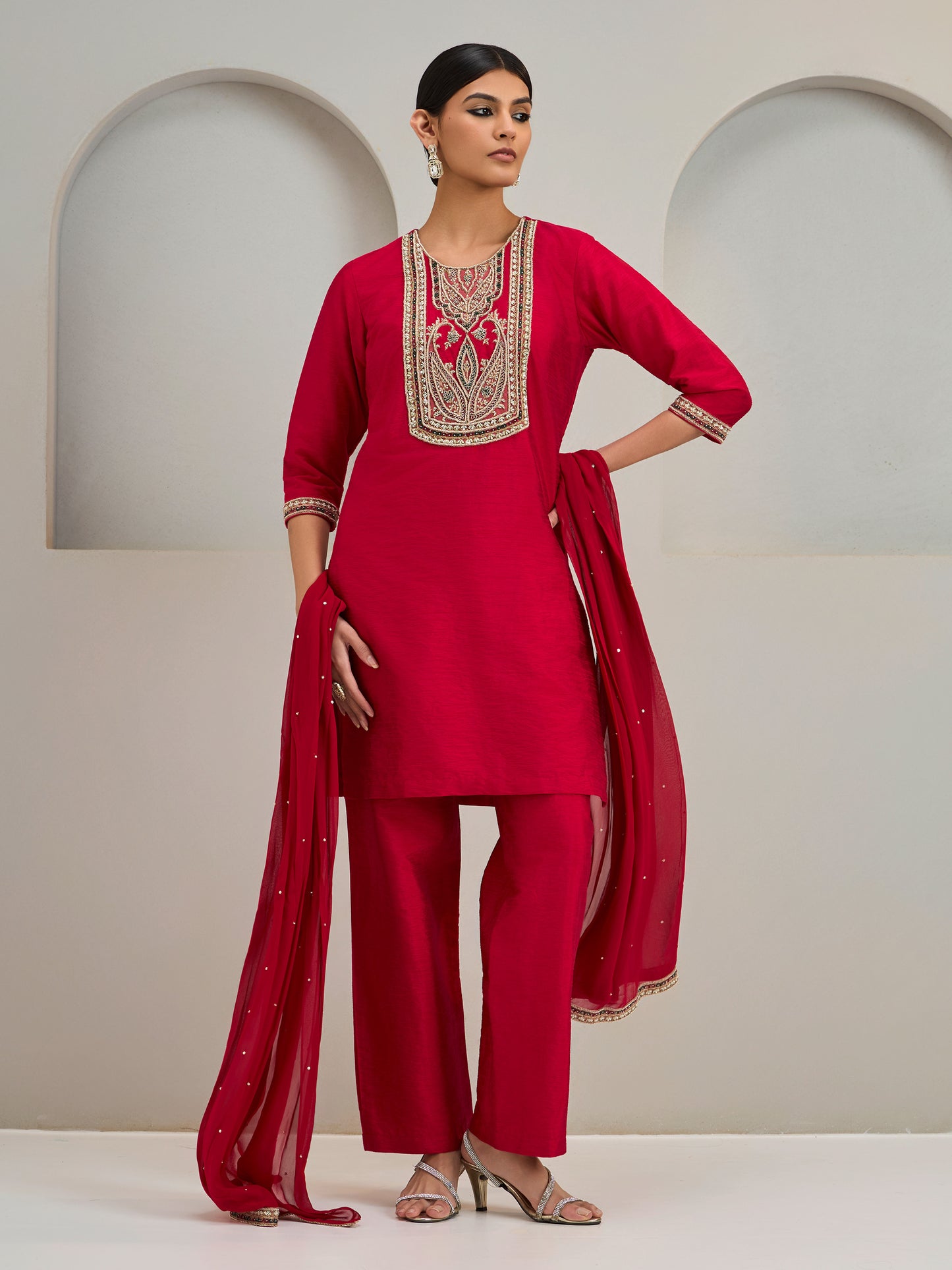 Red Patch Work Kurta With Pants And Dupatta