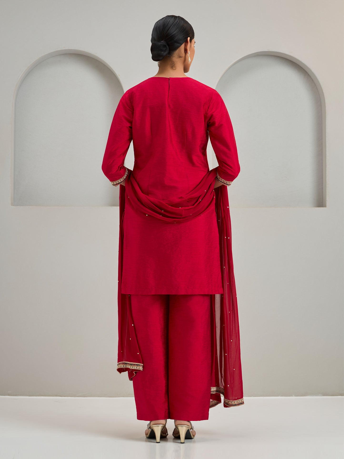 Red Patch Work Kurta With Pants And Dupatta