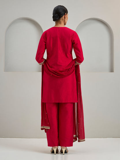 Red Patch Work Kurta With Pants And Dupatta