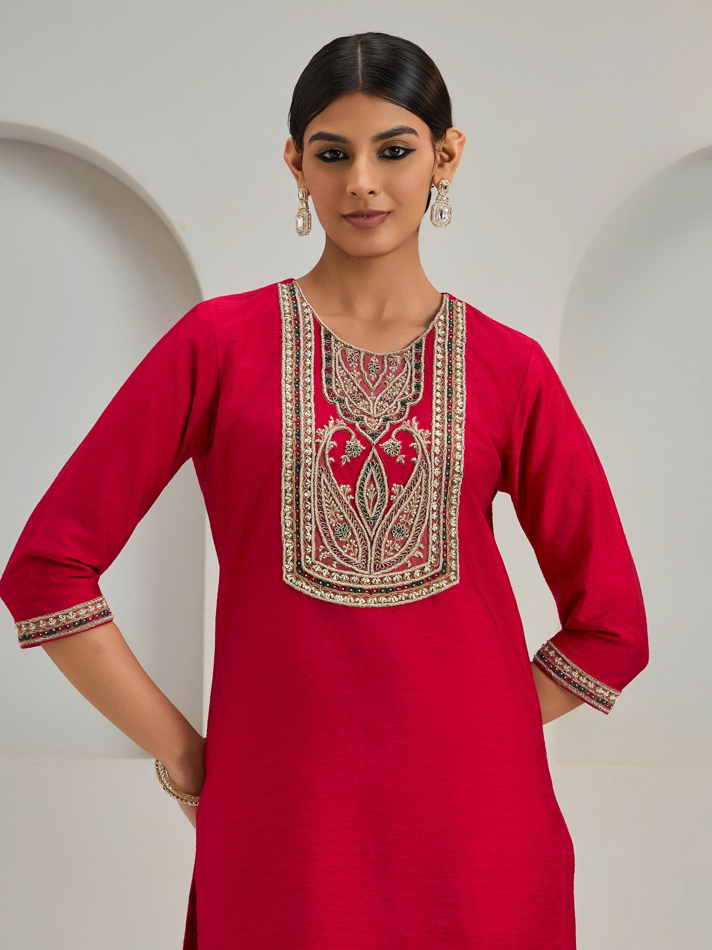 Red Patch Work Kurta With Pants And Dupatta