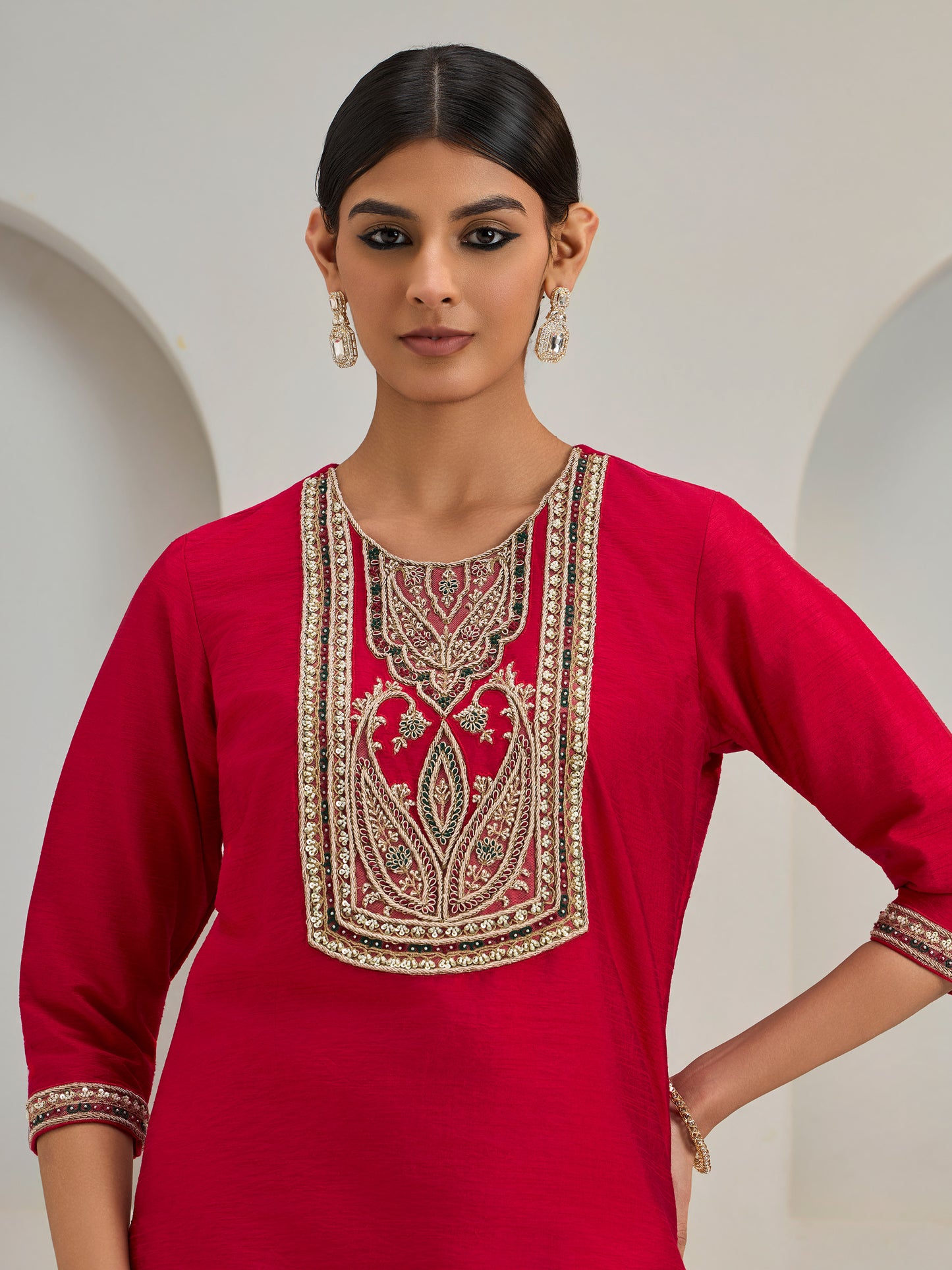 Red Patch Work Kurta With Pants And Dupatta