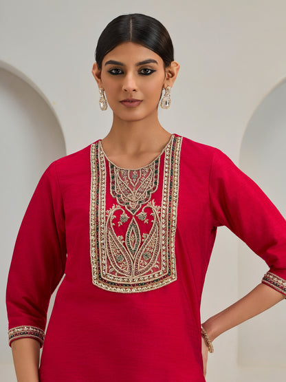 Red Patch Work Kurta With Pants And Dupatta