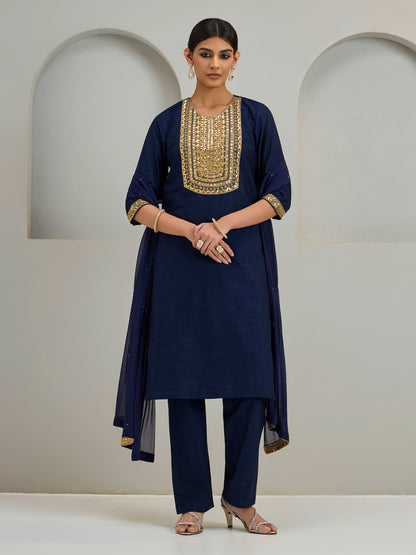 Navy Patch Work Kurta With Pants And Dupatta
