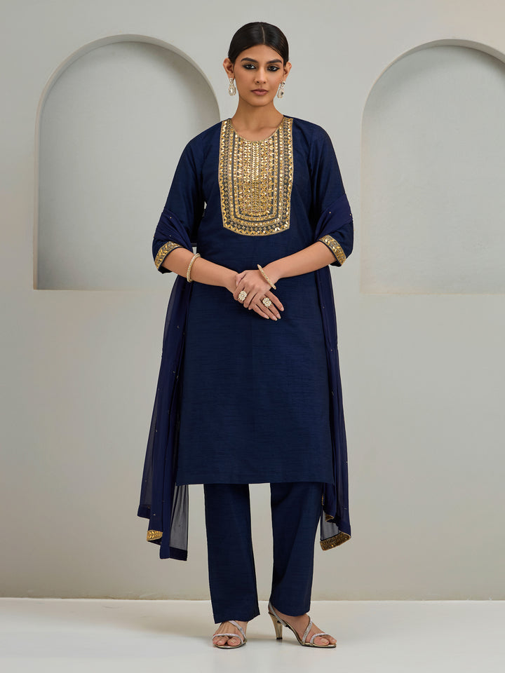 Navy Patch Work Kurta With Pants And Dupatta