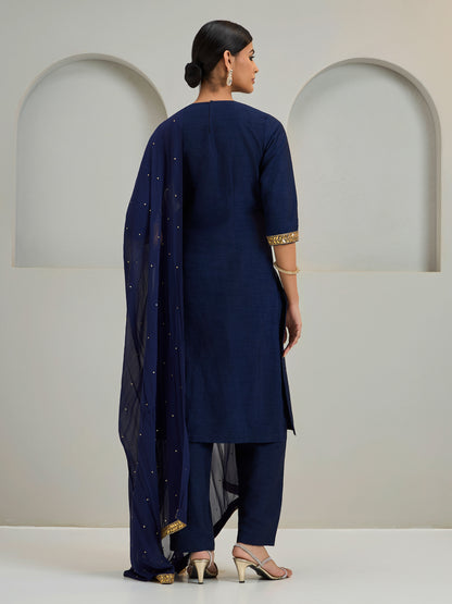 Navy Patch Work Kurta With Pants And Dupatta