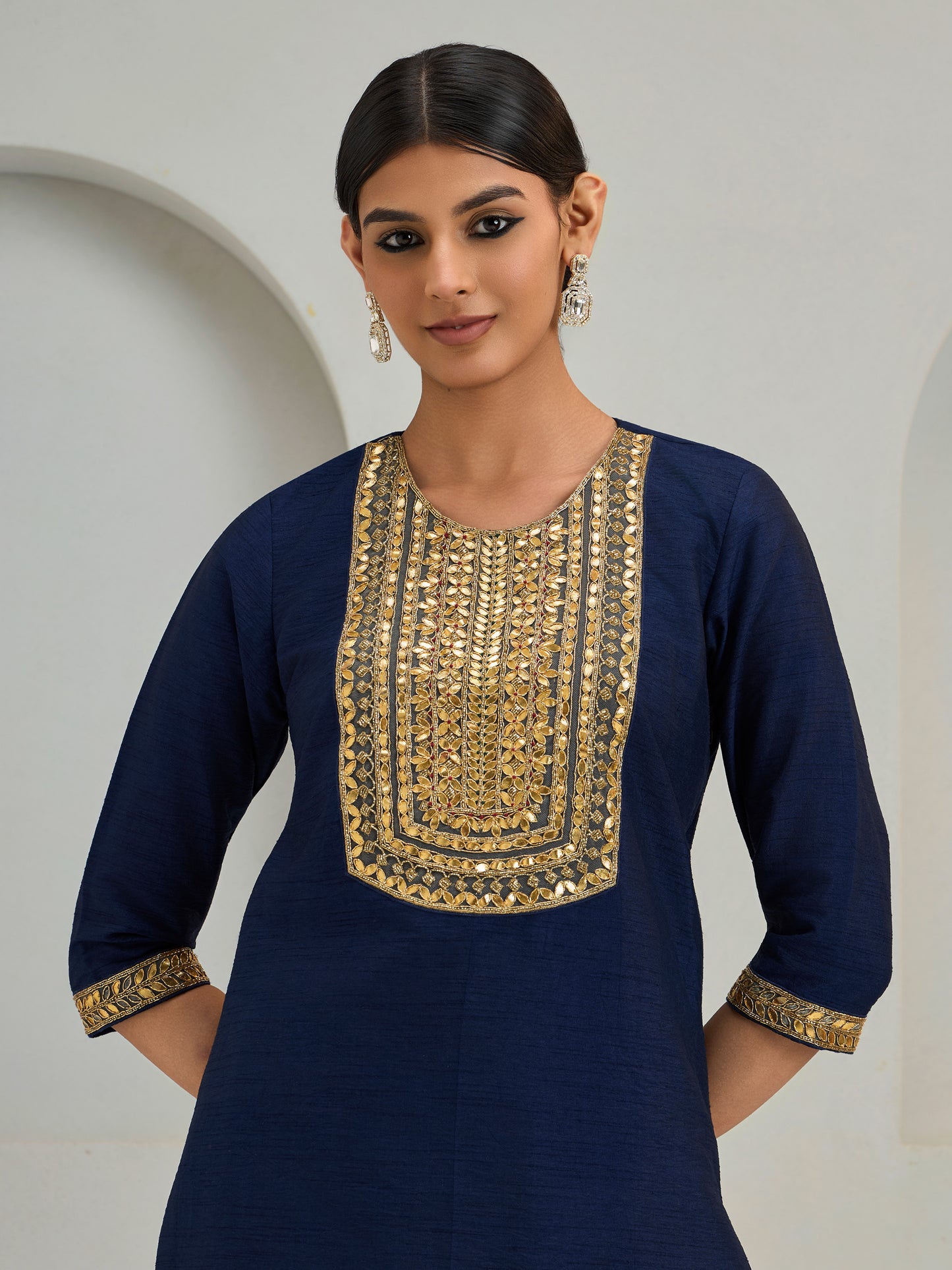 Navy Patch Work Kurta With Pants And Dupatta