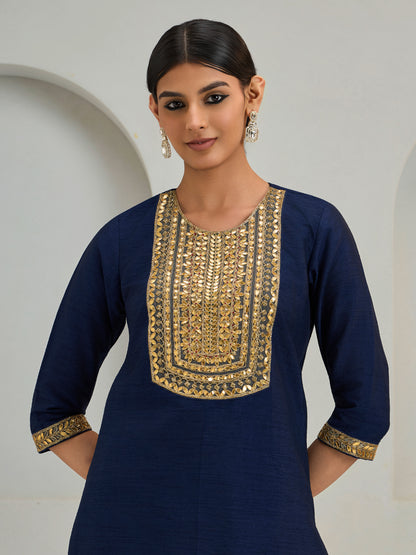 Navy Patch Work Kurta With Pants And Dupatta