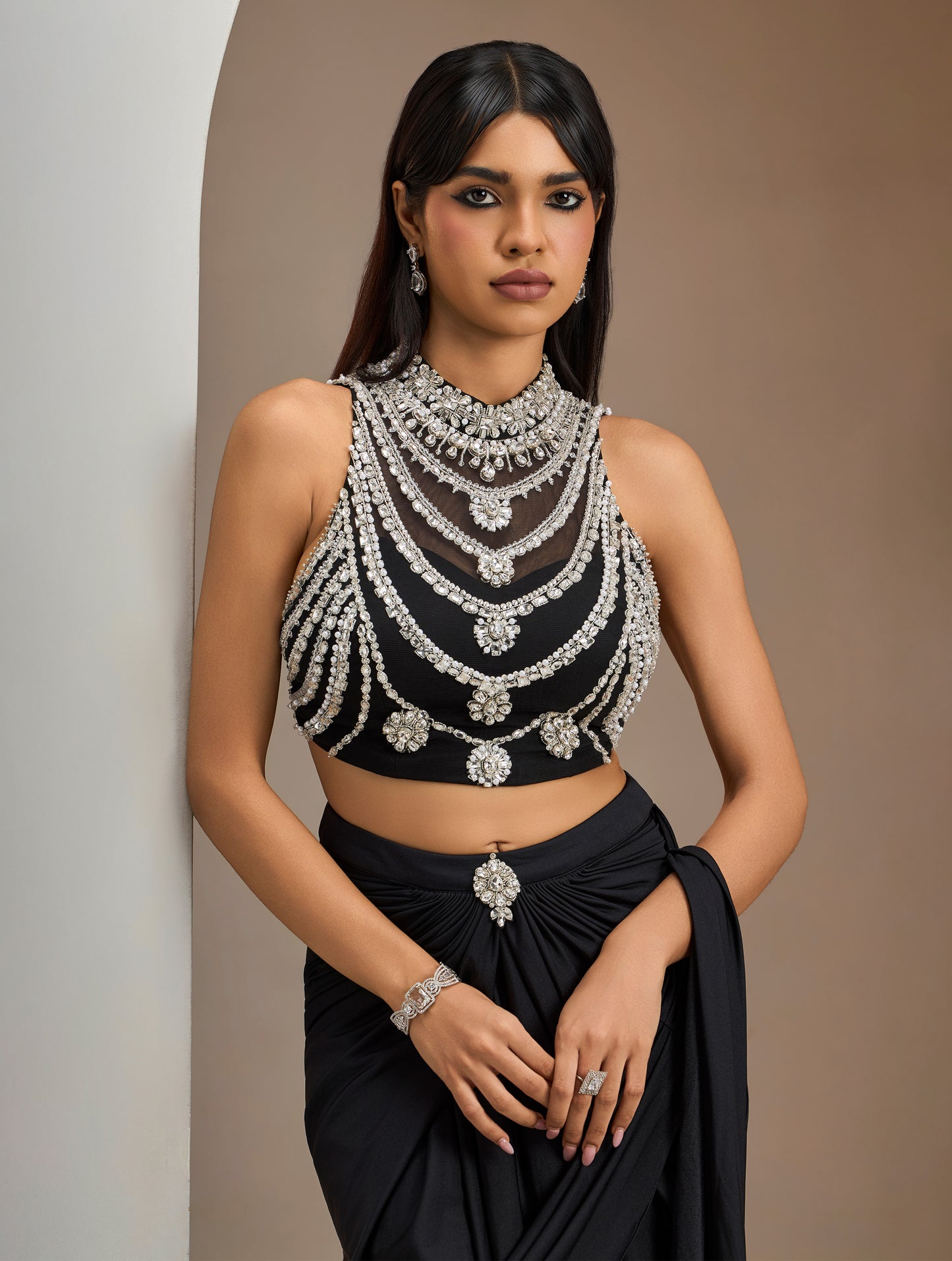 Black Stone Embroidered Blouse With Lycra Drape Saree