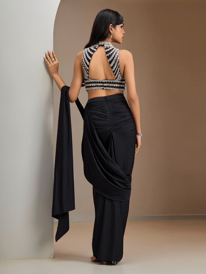 Black Stone Embroidered Blouse With Lycra Drape Saree