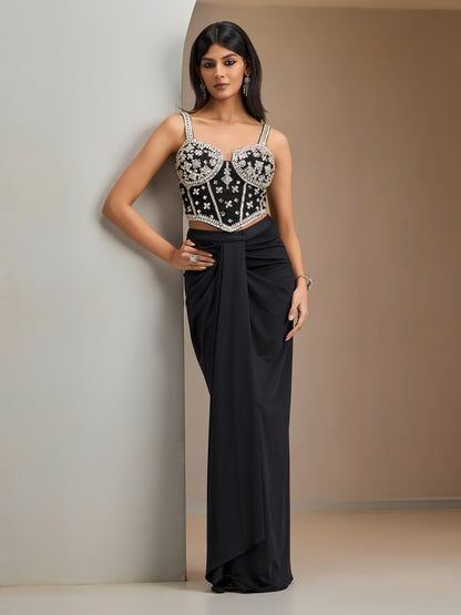 Black Net Stone Studded Blouse With Lycra Drape Skirt