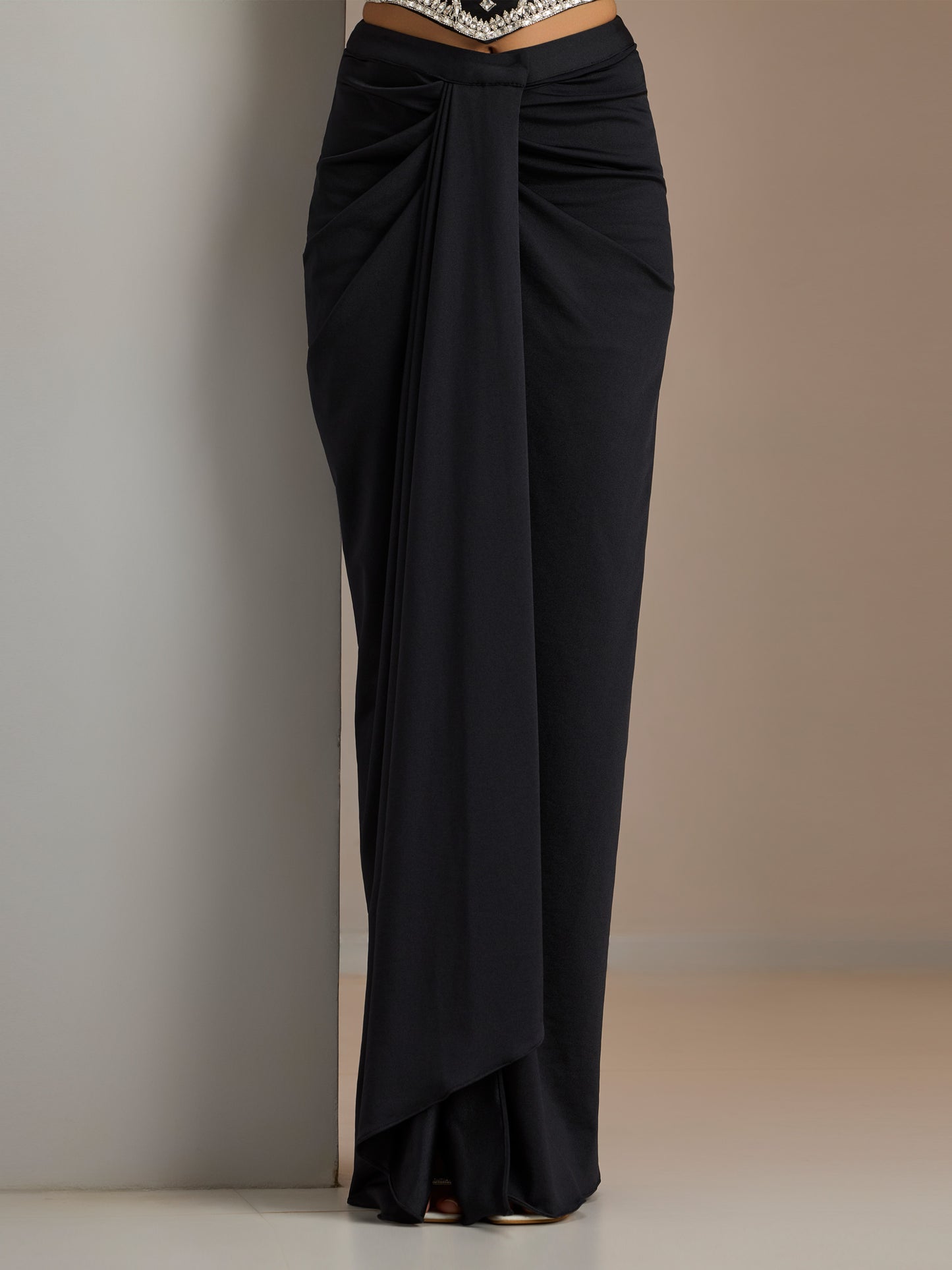 Black Net Stone Studded Blouse With Lycra Drape Skirt