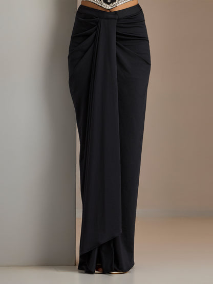 Black Net Stone Studded Blouse With Lycra Drape Skirt