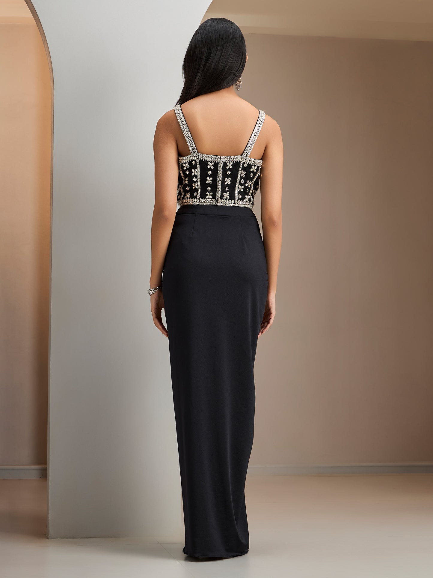 Black Net Stone Studded Blouse With Lycra Drape Skirt