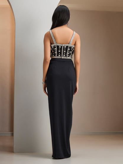 Black Net Stone Studded Blouse With Lycra Drape Skirt