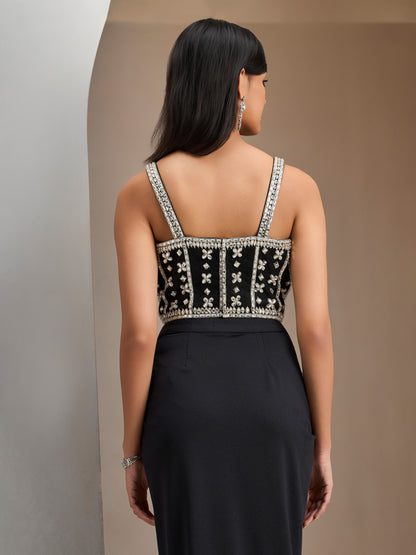 Black Net Stone Studded Blouse With Lycra Drape Skirt