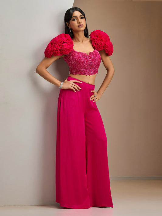 Fuschia Pink Ruffled Sleeves Organza Blouse With Sharara