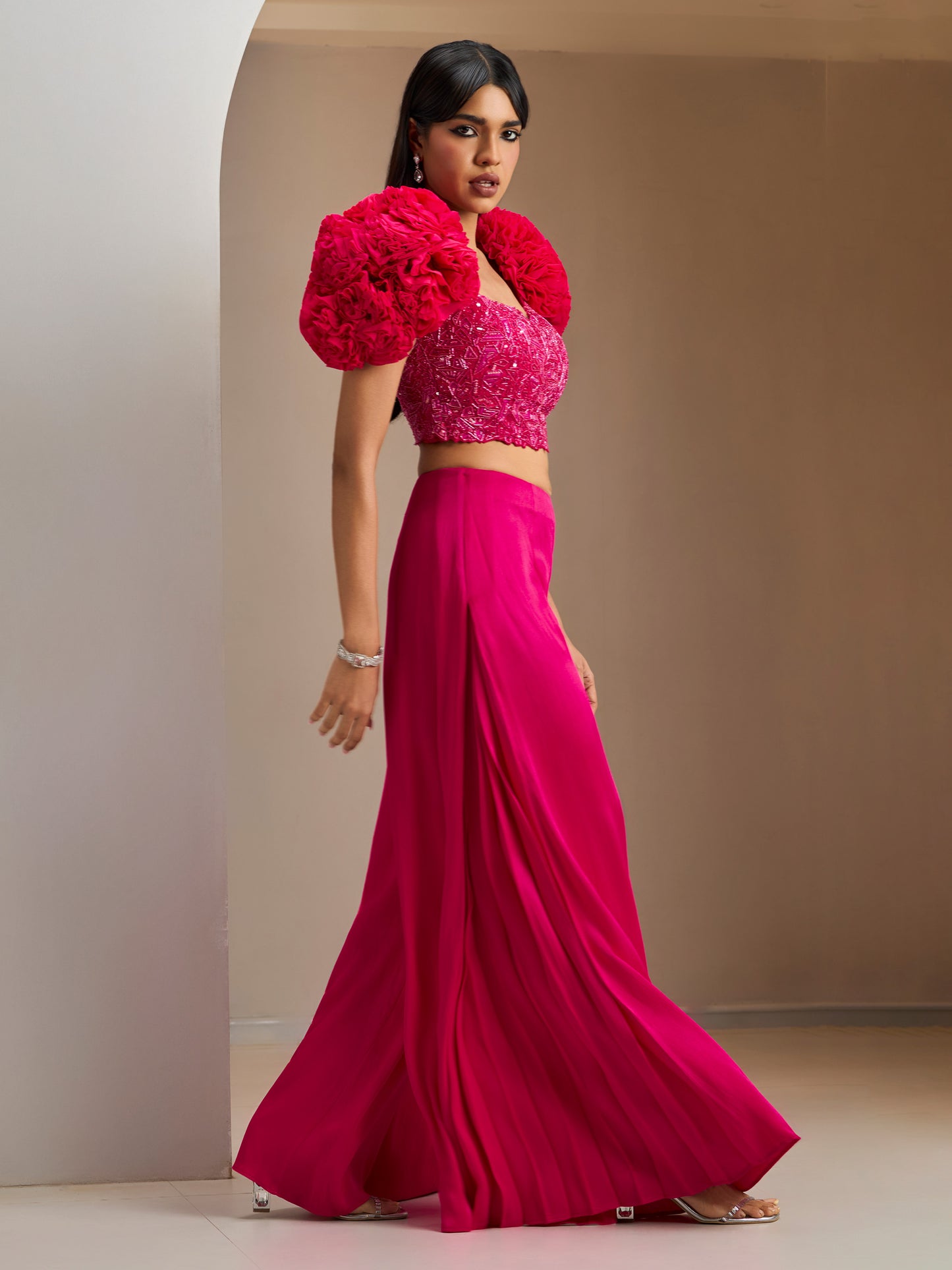 Fuschia Pink Ruffled Sleeves Organza Blouse With Sharara