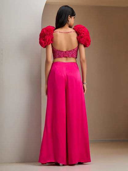 Fuschia Pink Ruffled Sleeves Organza Blouse With Sharara